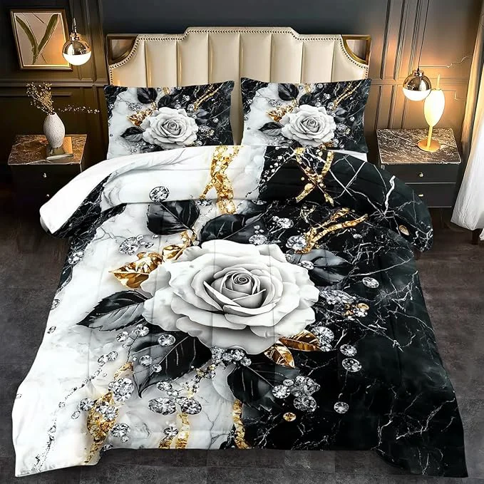 Certified Marble Floral Comforter Set for Queen Bed Women Vintage Flower Bedding Set Queen White and Black Comforter Rose Quilt for Girls Rose Bedding Floral Bedroom Decor Adults User-Friendly
