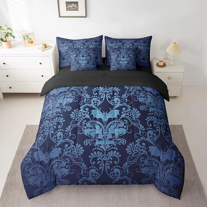 Premium Erosebridal Gothic Damask Bed in a Bag King Size Comforter Set 7 Pieces Halloween Bat Bedding Sets Blue Victorian Floral Goth Sheet Set with Comforter Next-Generation