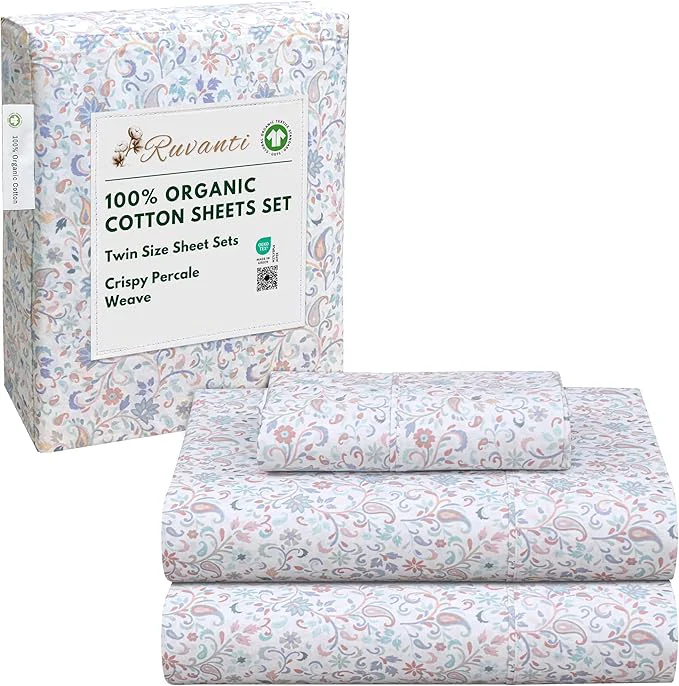 Refined RUVANTI Organic Cotton Sheets Twin Size Percale Weave GOTS 3-Piece Set Deep Pocket 15 quot Crisp amp Breathable Soft Durable Bedding Sábanas Algodón Orgánico – Multi Paisley Lightweight