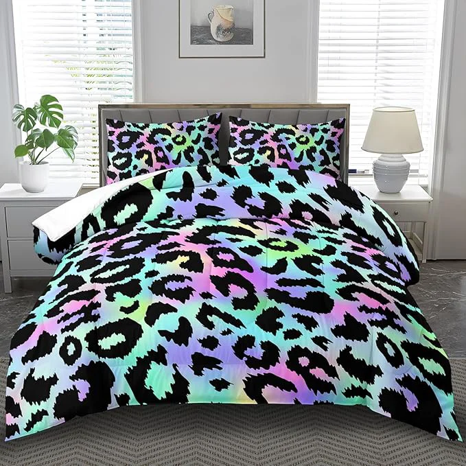 Green Rainbow Leopard Print Comforter Set Twin Girls Colorful Cheetah Comforter Twin Animal Leopard Print Bedding Set Women Purple Cheetah Bedding Quilt Bedroom Decor World-Class