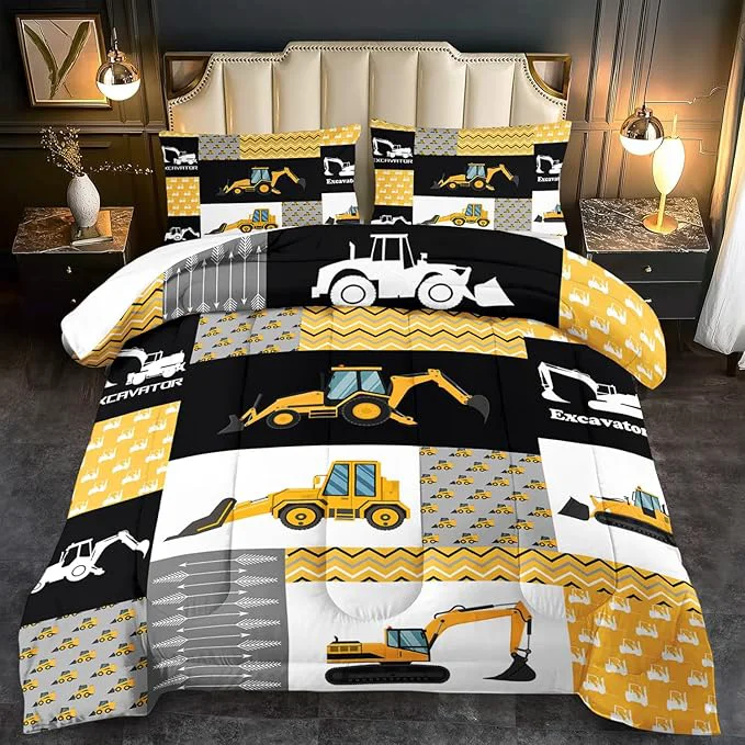 Clean Construction Comforter Set King Boys Yellow King Construction Bedding Set Engineering Vehicles Comforter Yellow Bedroom Decor Kids Truck Quilt Cartoon Truck Bedding for Teen Expertly Made