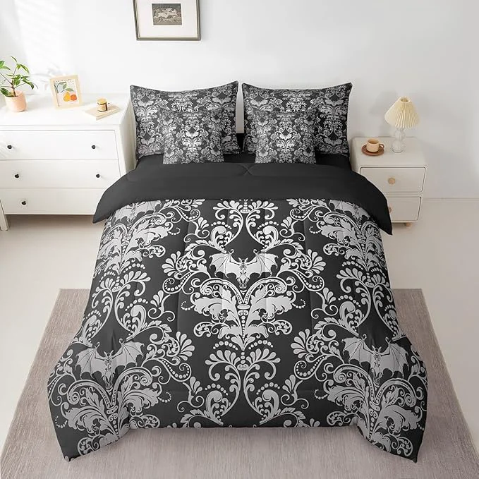 Breathable Erosebridal Gothic Damask Bed in a Bag King Size Comforter Set 7 Pieces Halloween Bat Bedding Sets Black White Victorian Floral Goth Sheet Set with Comforter Secure