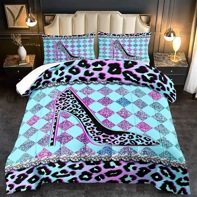 Smart Rainbow Cheetah Print Comforter Set King Girls Sexy High Heels Leopard Print Bedding Set Women High Heels Leopard Comforter Quilt Bedroom Decor Animal Cheetah Bedding Bed Decor Next-Generation