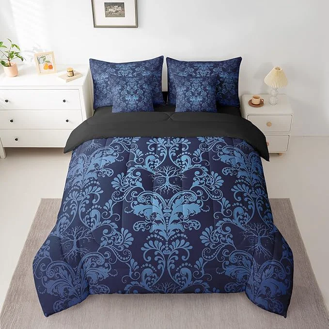 Traditional Erosebridal Gothic Damask Bed in a Bag King Size Comforter Set 7 Pieces Sun Moon Tree of Life Bedding Sets Blue Victorian Floral Goth Sheet Set with Comforter High-End