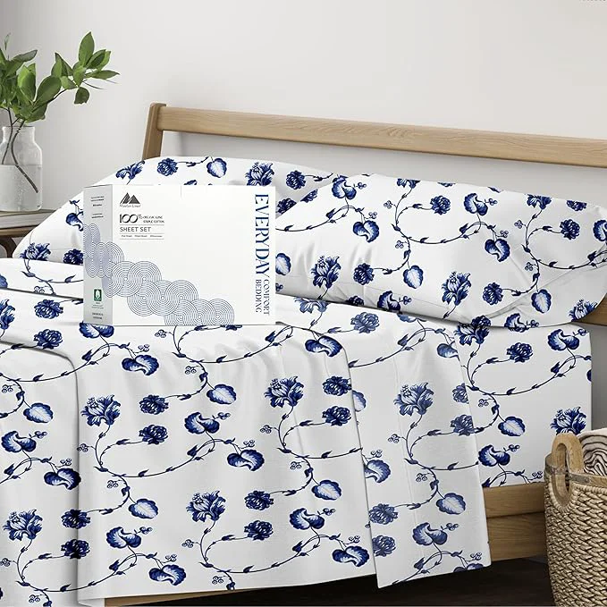 Eco-Friendly Mayfair Linen Organic Cotton Printed Sheets Full Size - Percale Weave Cotton Full Size Sheet Set 4 PC Floral Blue Soft amp Crisp GOTS Cooling Sheets 16 quot Deep Pocket Trendy