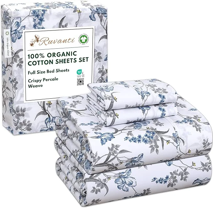 Elite RUVANTI Organic Cotton Sheets Full Size Percale Weave GOTS 4-Piece Set Deep Pocket 15 quot Crisp amp Breathable Soft Durable Bedding Sábanas Algodón Orgánico – Deluxe Powerful