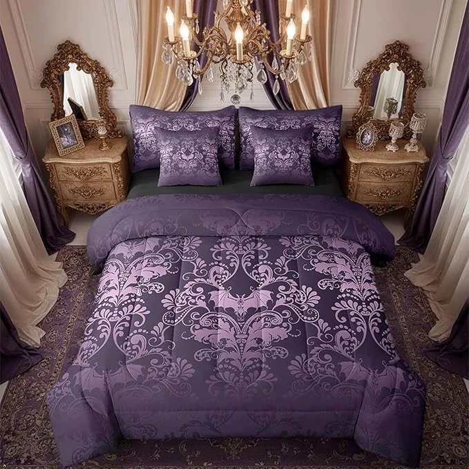 Outstanding Erosebridal Gothic Damask Bed in a Bag Queen Comforter Set 7 Piece Halloween Bat Bedding Sets Purple Victorian Floral Goth Sheet Set with Comforter Detailed
