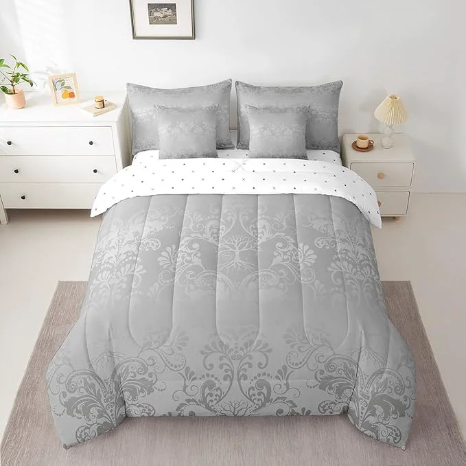 Soft Erosebridal Gothic Damask Bed in a Bag King Size Comforter Set 7 Pieces Sun Moon Tree of Life Bedding Sets Grey Victorian Floral Goth Sheet Set with Comforter Excellent