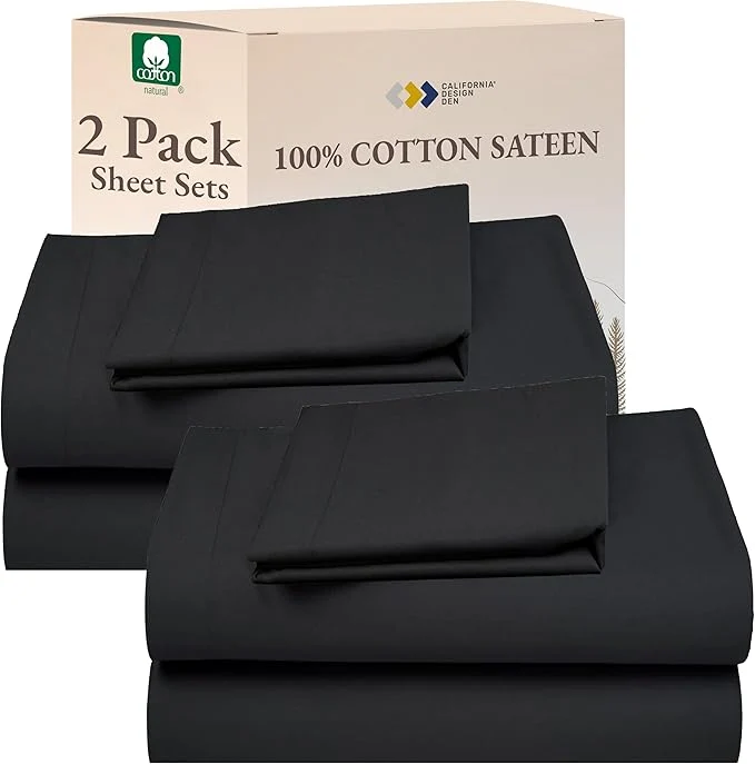 Specialty California Design Den Cotton 2-Pack Twin XL Sheet Sets Soft Extra Long Twin Bed Sheets 12 quot Pocket Sheets Twin XL Sheets Sateen Dorm Essentials for Guys - Dark Grey Black Tone Easy-to-Use