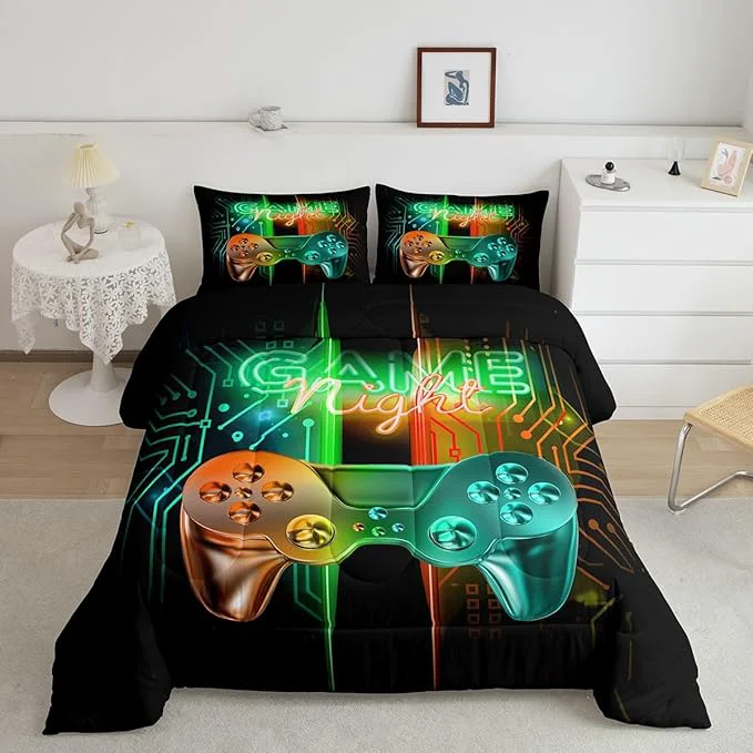 Genuine Feelyou Gamer Comforter Kids Gaming Video Game Comforter Set for Boys Teens Noverlty Modern Gamepad Bedding Set Breathable Gamer Console Bedding Duvet Set Bright Orange Green Room Decor Toddler Size Fine Crafted