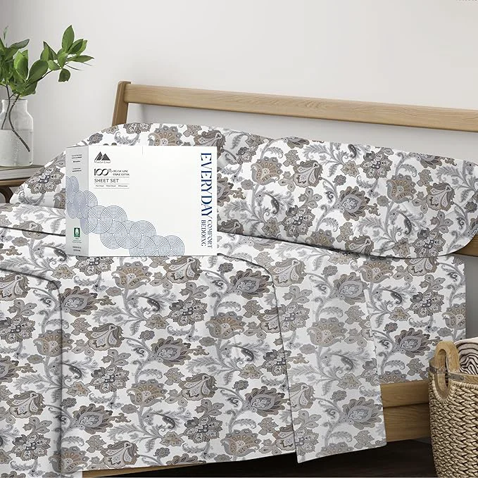 Enhanced Mayfair Linen Organic Cotton Printed Sheets Queen Size - Percale Weave Cotton Queen Size Sheet Set 4 PC Floral Ivory Soft amp Crisp GOTS Cooling Sheets 16 quot Deep Pocket Trendy