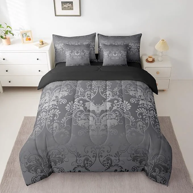 Premium Erosebridal Gothic Damask 7 Piece Comforter Set Full Bed in a Bag Halloween Bat Bedding Sets Silver Gray Victorian Floral Goth Sheet Set with Comforter Classic