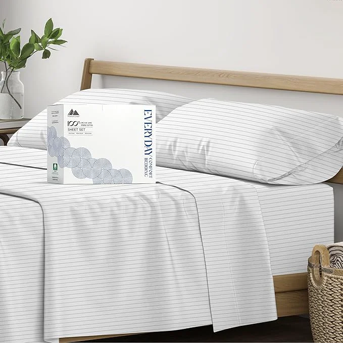 World-Class Mayfair Linen Organic Cotton Printed Sheets Twin Size - Percale Weave Cotton Twin Size Sheet Set 4 PC Light Grey Pinstripe Soft amp Crisp GOTS Cooling Sheets 16 quot Deep Pocket Eco-Friendly