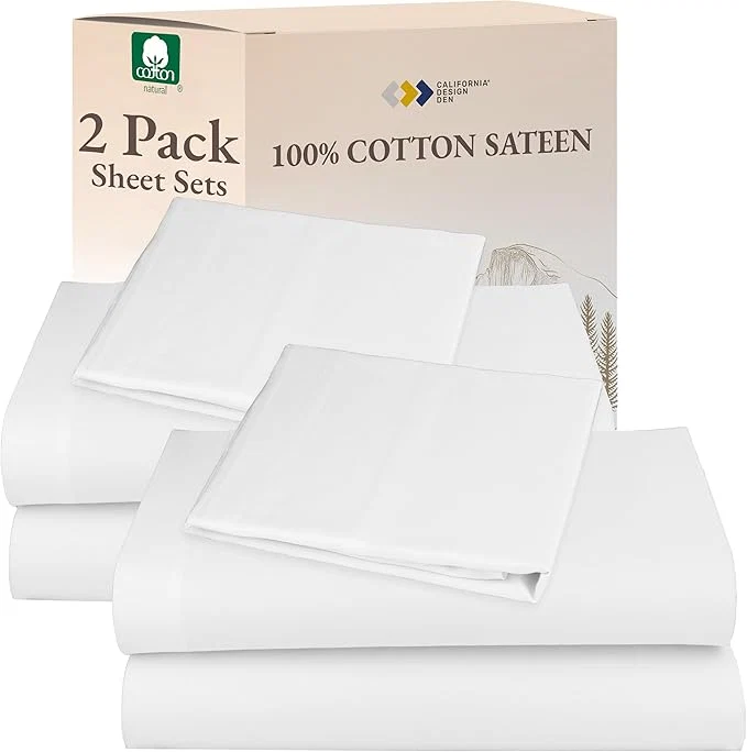 Environmentally Friendly California Design Den Cotton 2-Pack Extra Long Twin Sheets Soft amp Durable Twin XL Cotton Sheet Sets with 12 quot Pockets Twin XL Sheet Set with Sateen Sheets White World-Class