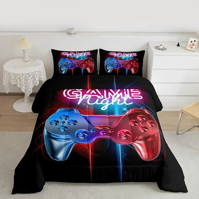 Stylish Boys Gaming Comforter Set Twin Size Teens Gamer Bedding Set Modern Blue Red Video Game Controller Comforter For Kids Children Youth Bedroom Decor Multi-Color Gamer Console Action Buttons Duvet Set Classic