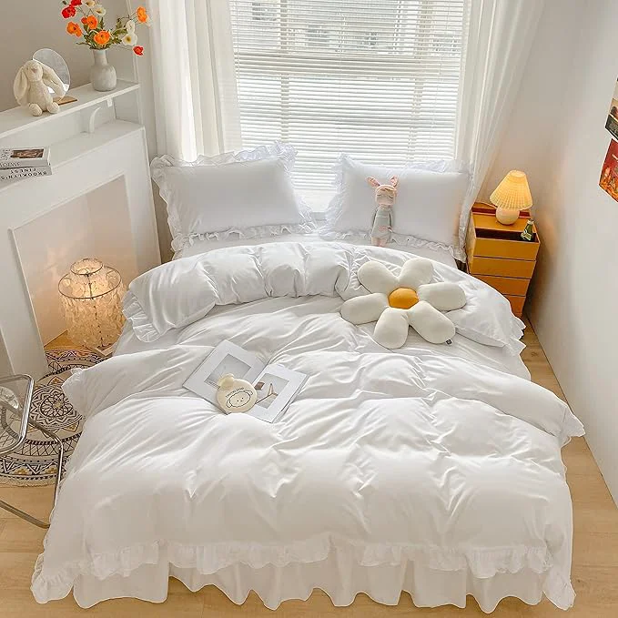Versatile MOOWOO Chic Ruffle Lace Polyester Duvet Cover Set -Girl White Bedding-3 Piece Full Duvet Cover with Zipper Closure -Ultra Soft and Light Weight White Full -No Comforter Luxury