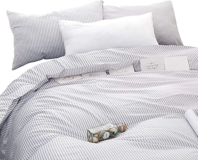 Fast Wake In Cloud - Striped Cotton Duvet Cover Set Ticking Stripe Pinstripe Farmhouse Cotton Bedding Set 3 Pieces Gray White Full Size Safe