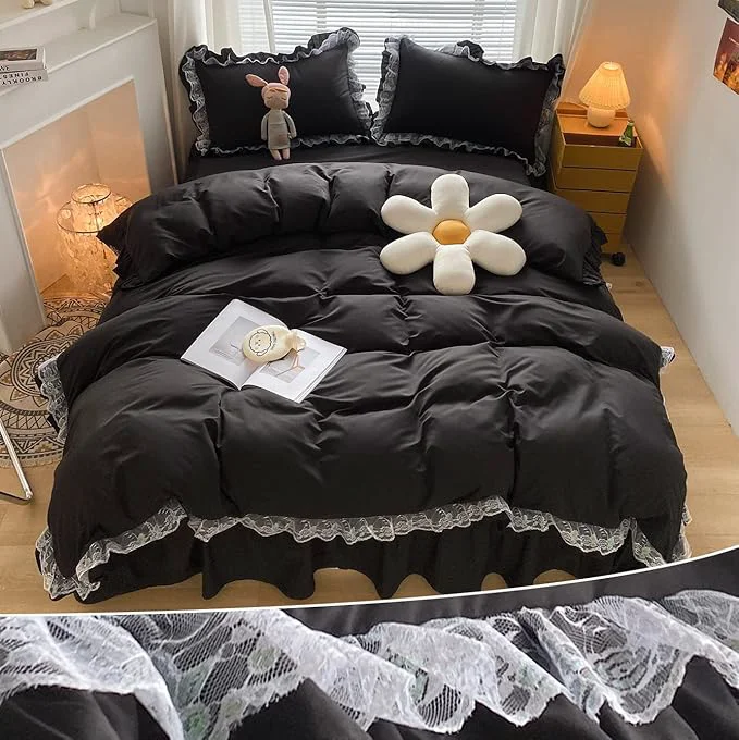 Dependable MOOWOO Chic Ruffle Lace Polyester Duvet Cover Set - Luxury Premium Black Bedding-2 Piece Twin Duvet Cover with Zipper Closure -Ultra Soft and Light Weight Black Twin First-Class