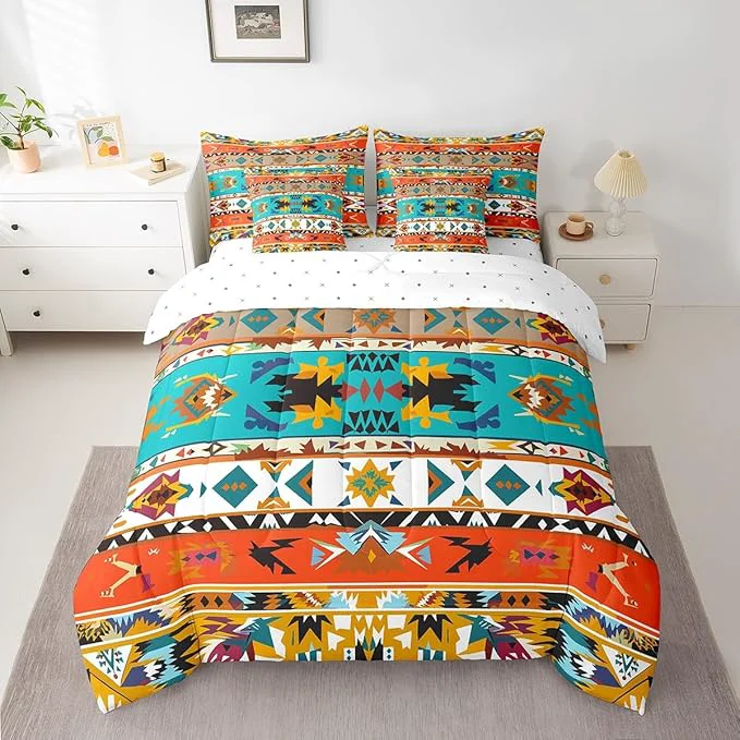Authentic Aztec Bed in a Bag King Size Comforter Set 7 Pieces Vintage Geometric Bedding Sets Exotic Nordic Western Sheet Set with Comforter Powerful