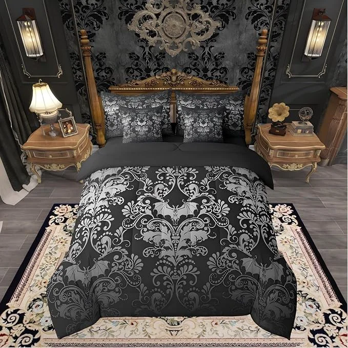 Secure Erosebridal Gothic Damask Comforter Set 7 Piece Bed in a Bag Twin Halloween Bat Bedding Sets White Black Victorian Floral Goth Sheet Set with Comforter Pure