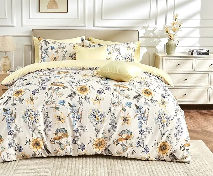 Selected Queen Size Duvet Cover Set with Button Closure - Blue and Yellow Botanical Luxury Bedding for a Comfortable Sleeping Superior
