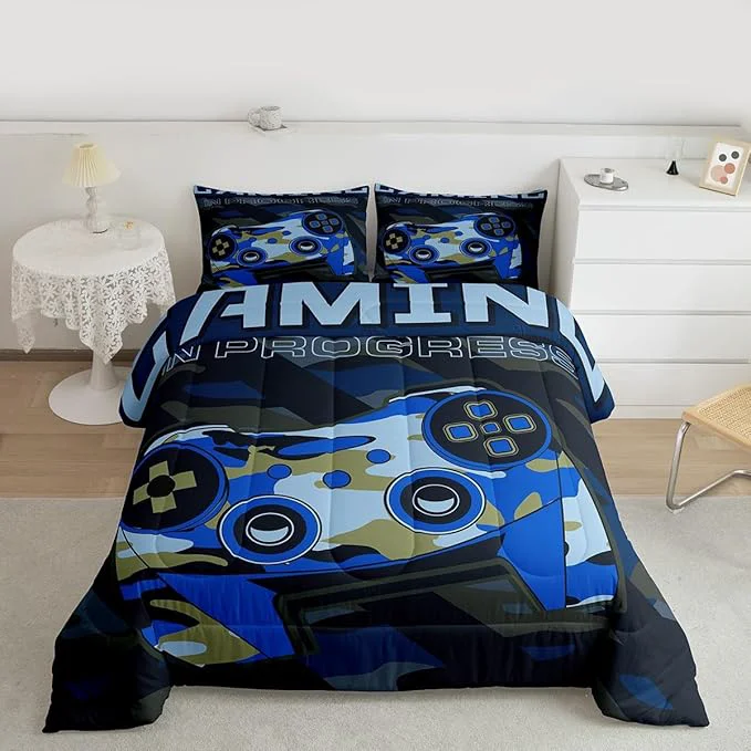 Responsible Boys Gaming Comforter Set Full Size Teens Gamer Bedding Set Retro Blue Camouflage Video Game Controller Comforter for Kids Youth Bedroom Decor Gamer Console Action Buttons Duvet Set Microfiber Reusable
