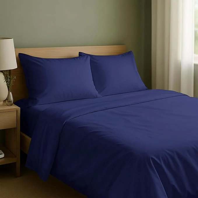 Flexible California Design Den Queen Sheet Set - Natural Cotton Sheets Queen Size Bed Set with Deep Pockets Soft Sateen Weave Breathable and Durable Bedding Navy Blue Trendy