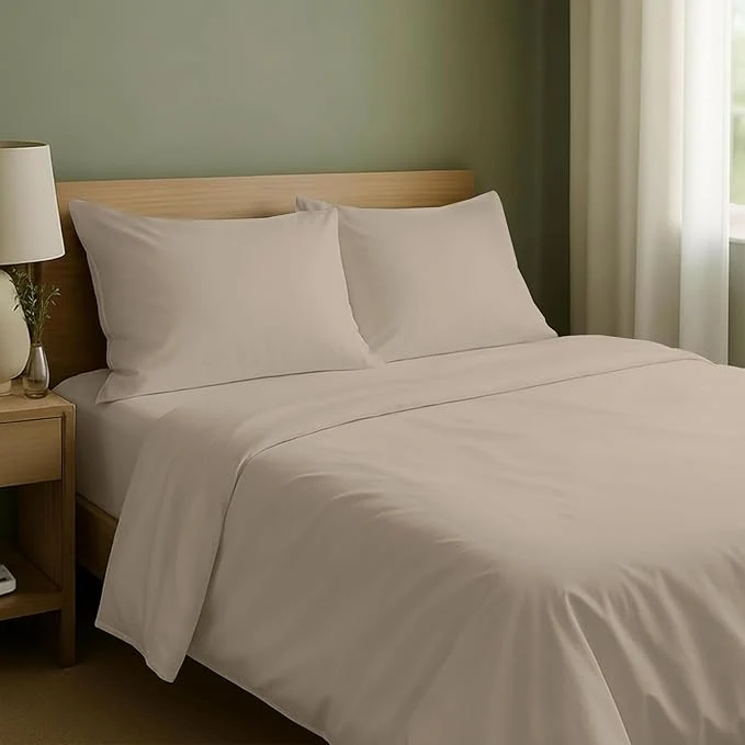 Fast California Design Den Natural Cotton Sheets Full Size Bed Set with Deep Pockets - Soft Sateen Weave Durable Full Size Bed Sheets Beige Warm Taupe Secure