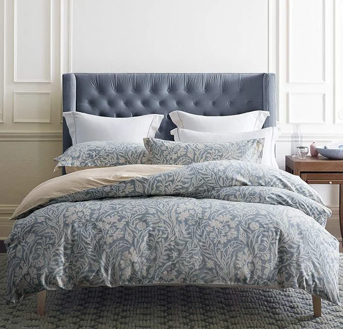 Premium SLEEPBELLA Duvet Cover King Size 600 Thread Count Cotton Beige amp Bluish Grey Printed with Luxurious Leaves Pattern Reversible Botanical Comforter Cover Sets Bedding Set 3Pcs King Beige Paisley Environmentally Friendly