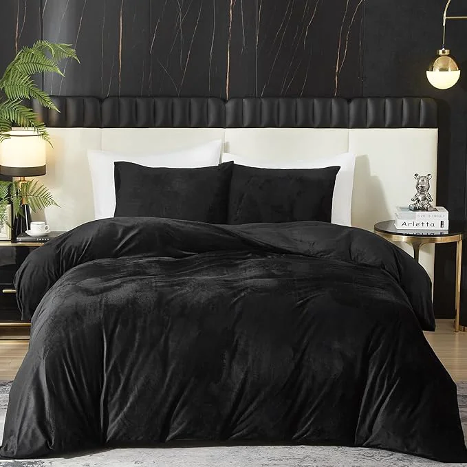 Pure Ivellow Velvet Duvet Cover King Set Black Velvet Duvet Cover King Comforter Cover 3Pcs Ultra Soft Duvet Cover Breathable Solid Luxury Flannel Velour Duvet Cover Zipper Closure Corner Tie Minimalist