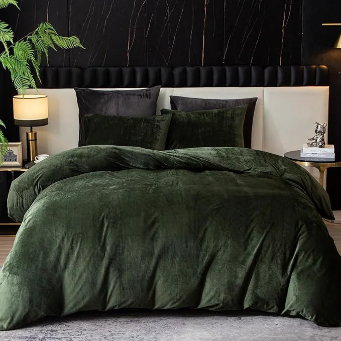 Safe Ivellow Velvet Duvet Cover Queen Set Dark Green Comforter Cover 3Pcs Ultra Soft Cover Breathable Solid Luxury Flannel Velour Duvet Cover Zipper Closure Corner Tie