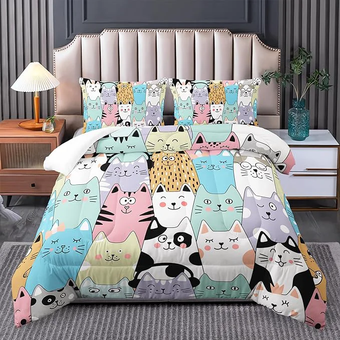 User-Friendly Twin Cat Comforter Set for Girls - Kawaii Cute Bedding Set with Cat Room Decor Modern