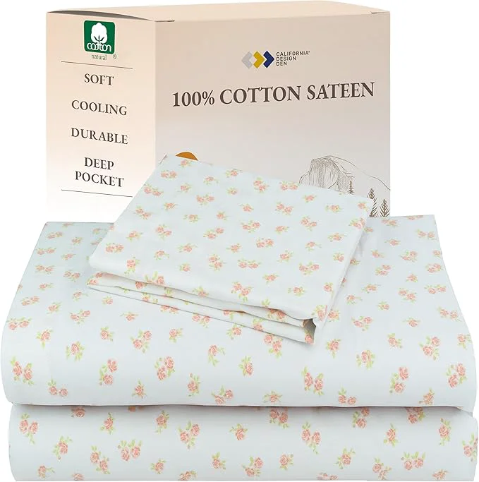 Powerful California Design Den Twin Floral Sheet Set Cotton 12 quot Pocket Twin Sheets amp Pillowcase Set Soft Sateen Weave - Chic Floral Dependable