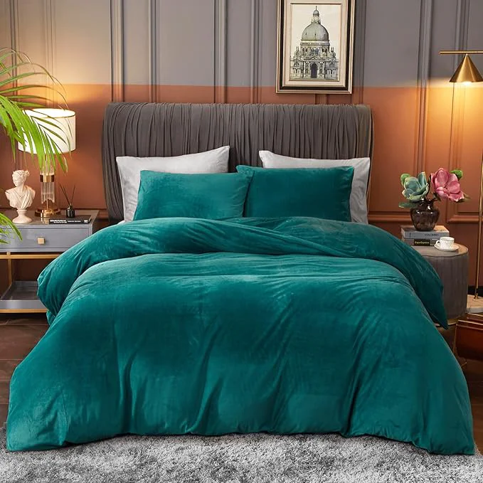 Genuine Ivellow Velvet Duvet Cover Set Queen Size 3 Pcs Peacock Blue Luxury Flannel Velour Duvet Cover Zipper Closure Corner Tie High-Performance