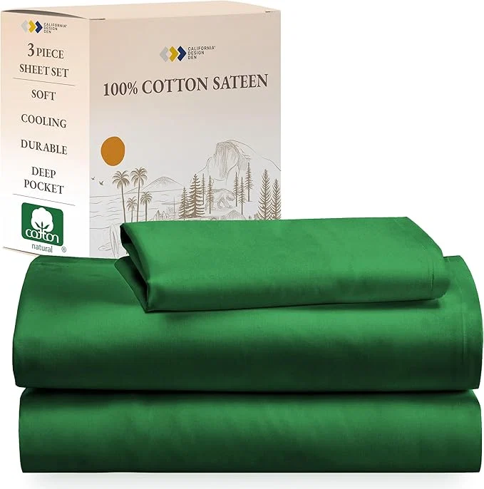 Official California Design Den Twin XL Bed Sheets Set - Natural Cotton Sheets with 12 quot Pockets Soft Sateen Weave Breathable and Durable Bedding Set for Dorm Rooms College Emerald Green Traditional
