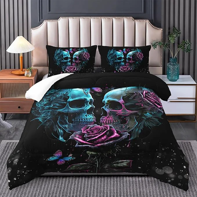 Unique Gothic Twin Bedding Set - Skull Quilt amp Rose Comforter Blue amp Black Prestigious