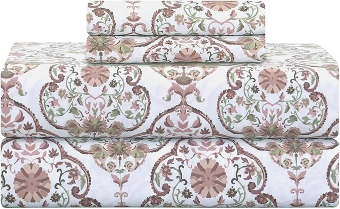 Convenient Feather amp Stitch 500 TC Split King Size Sheet Set 5 Piece Bed Sheets Set-2 Twin Fitted Sheet 1 King Flat Sheet amp 2 King Pillowcases 18 quot Deep Pockets Sateen Weave Striped Bedsheet - Floral Bloom Elegant