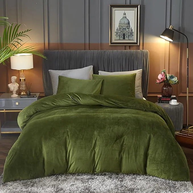 Artisan Ivellow Velvet Duvet Cover Queen Set Sage Green Comforter Cover 3Pcs Ultra Soft Cover Breathable Solid Luxury Flannel Velour Duvet Cover Zipper Closure Corner Tie Long-Lasting