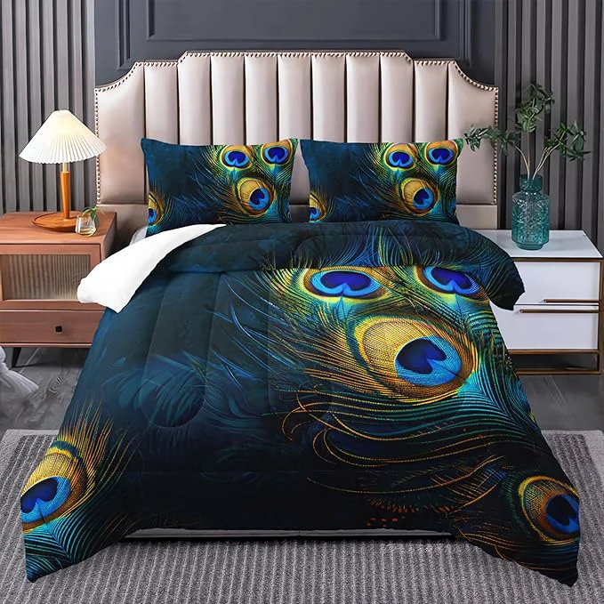 Natural Peacock Feather Queen Bedding Set - Boho Comforter for Girls Bohemian Gothic Decor Western Hippie Animal Print Black Traditional