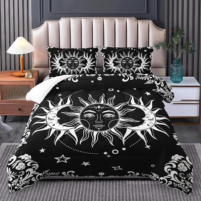 Durable Boho Queen Comforter Set for Girls - Bohemian Gothic Western Hippie Bedding Decor - Black and White Sun and Moon Design Smooth
