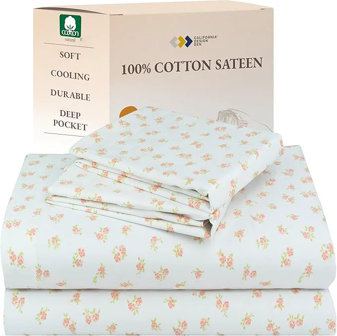 Lightweight California Design Den King Floral Sheet Set Cotton Sateen Sheets King Size Sheets Set Deep Pockets amp Pillowcase Set - Chic Floral Recyclable