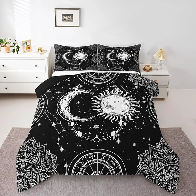 Original Design Sun and Moon Bedding Set Constellation Galaxy Comforter Set for Kids Boys Girls Teens Psychedelic Boho Mandala Comforter Breathable Celestial Duvet Set Black White Room Decor Quilt Cover Queen Size Outstanding