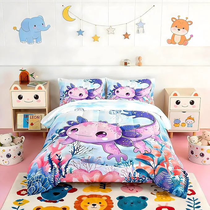 Carefully Designed Cute Axolotl Bedding Set Full Size Color Axolotl Waterweed Jellyfish Pattern Toddler Bed Comforter Set Kawaii Ocean Life Bedding Sets for Kids Boys Girls Room Decor with 2 Pillowcases. Original Design