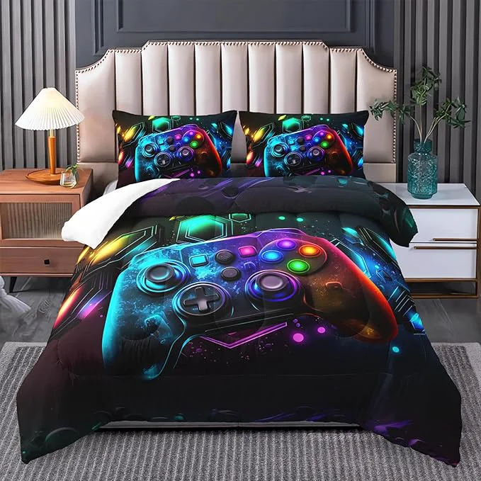 Solid Gamer Comforter Set - Twin Size Video Game Bedding with Neon Gaming Pattern - I for Boys 39 Gamer Room Decor Versatile