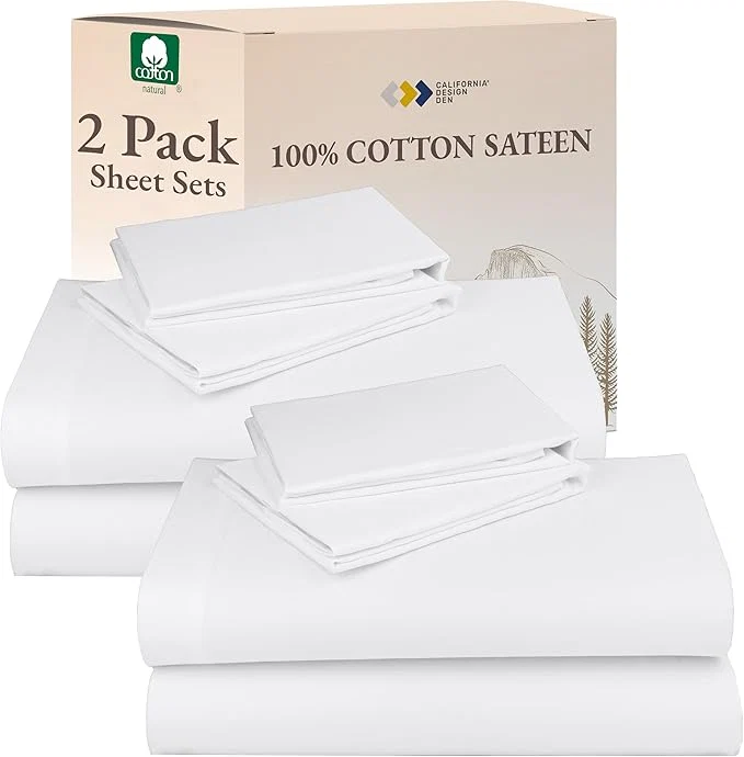 Solid California Design Den Cotton 2-Pack Full Sheet Set - Soft amp Durable Sateen Deep Pocket Full Size Bed Sheets White World-Class