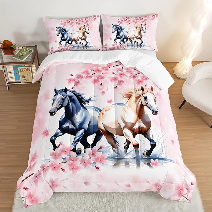 Casual Horse Comforter Set Kids Bedding Queen Size Pink Cherry Blossom Bedding Set for Girls Boys Teens Bedroom Decor Aesthetic Galloping Horse Bedding Comforter Sets with 2 Pillowcases. World-Class