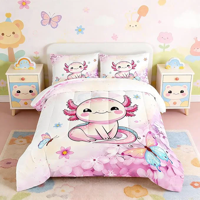 Responsible Cartoon Axolotl Comforter Kids Bedding Set Axolotl Flower Butterfly Bedding Twin Size for Boys Girls Room Kawaii Decor Pink Toddler Comforter Sets with 2 Pillowcases. Minimalist