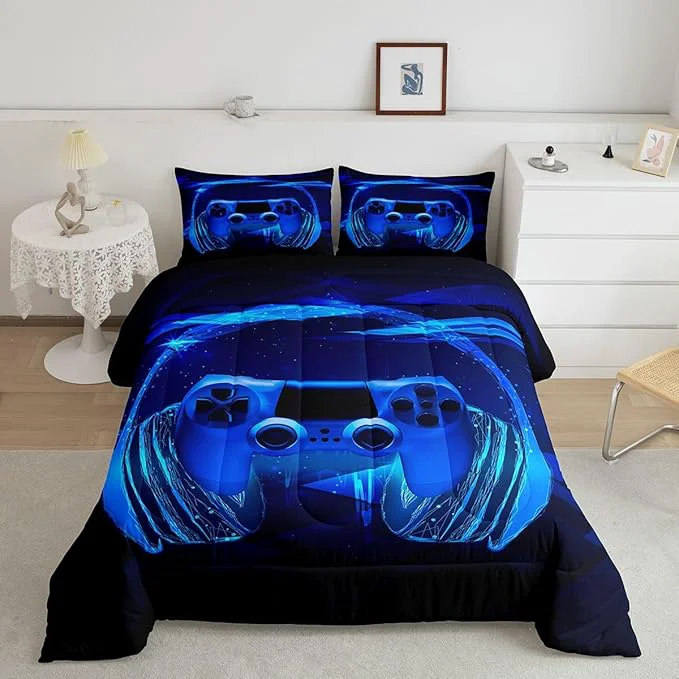 Superior Feelyou Gamer Bedding Set Kids Video Game Gamepad Comforter Set for Boys Teens Gaming Headset Comforter Breathable Blue Game Controller Duvet Set Room Decor Quilt Set Queen Size Authentic