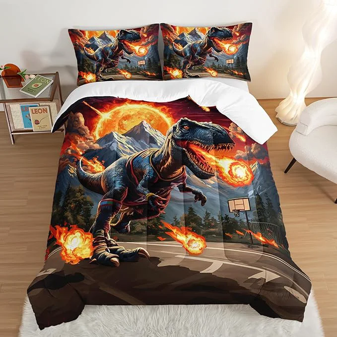 Recyclable Kids Fun Dinosaur 3 Piece Bedding Set Queen Size Cartoon Dinosaur Fireball Comforter Set for Boys Girls Teens Room Decor Animal Themed Bed in a Bag with 2 Pillowcases. Long-Lasting