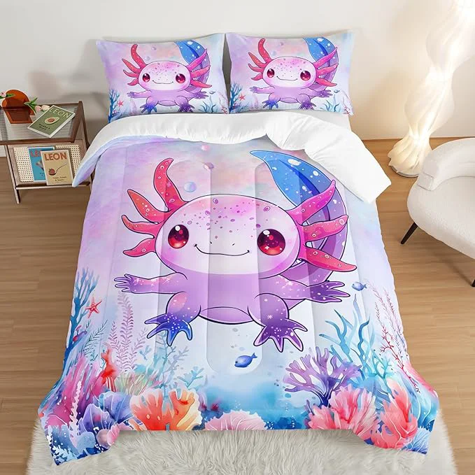 Luxury Cute Axolotl Bedding Set Queen Size Pink Axolotl Waterweed Pattern Toddler Bed Comforter Set Kawaii Sea Life Bedding Sets for Kids Boys Girls Room Decoration with 2 Pillowcases. Exceptional